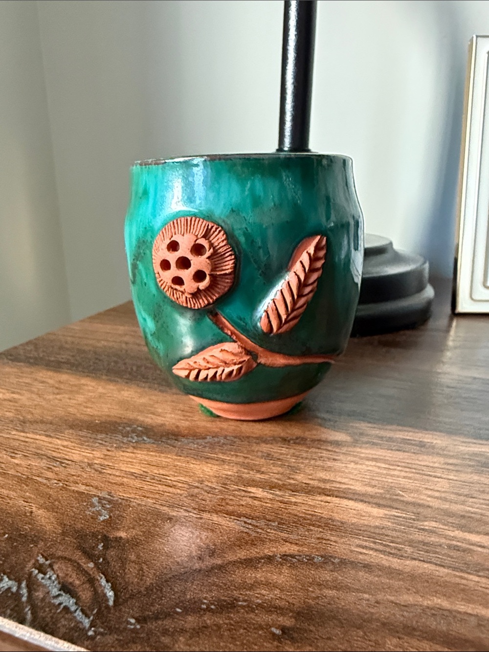 Handmade Studio Pottery Ceramic Vessel – Teal & Terracotta Botanical